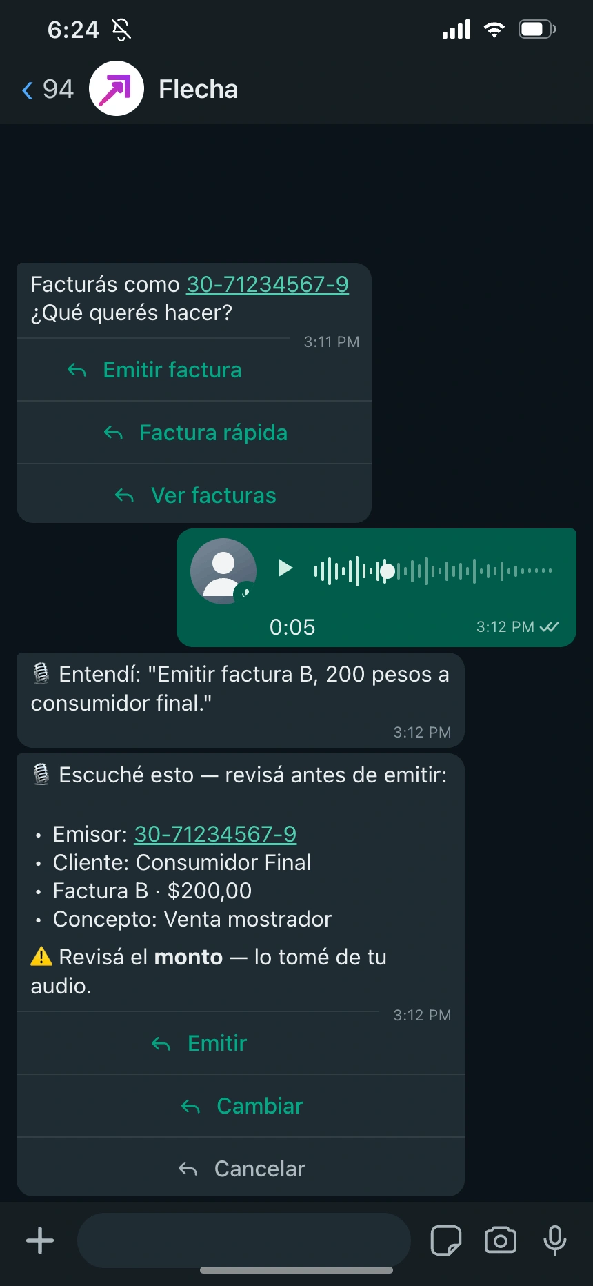Factura con CAE válido emitida por Flecha en el chat de WhatsApp