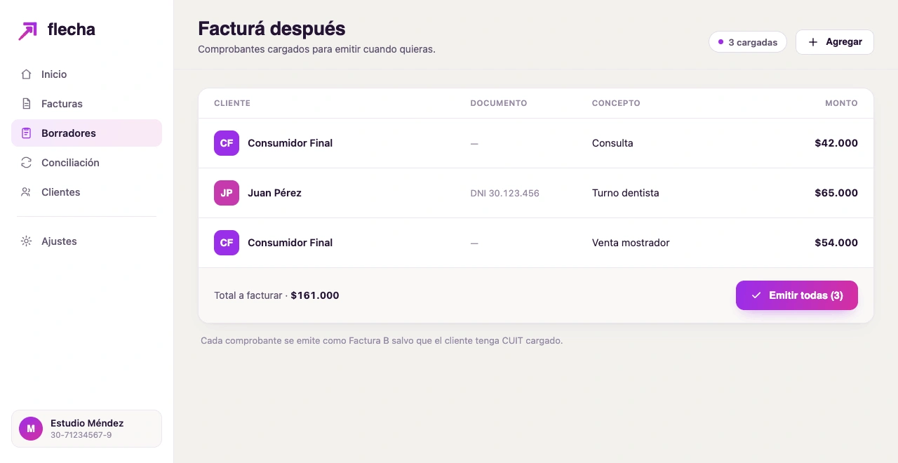 Panel de planilla 'facturá después' de Flecha